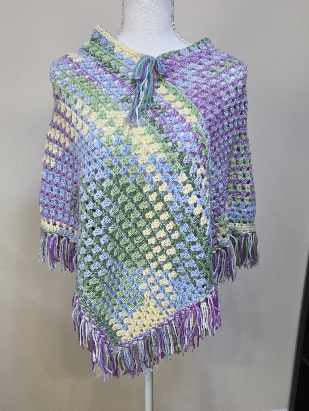 Handmade Pastel Crochet Poncho in Lavender, Sage & Cream